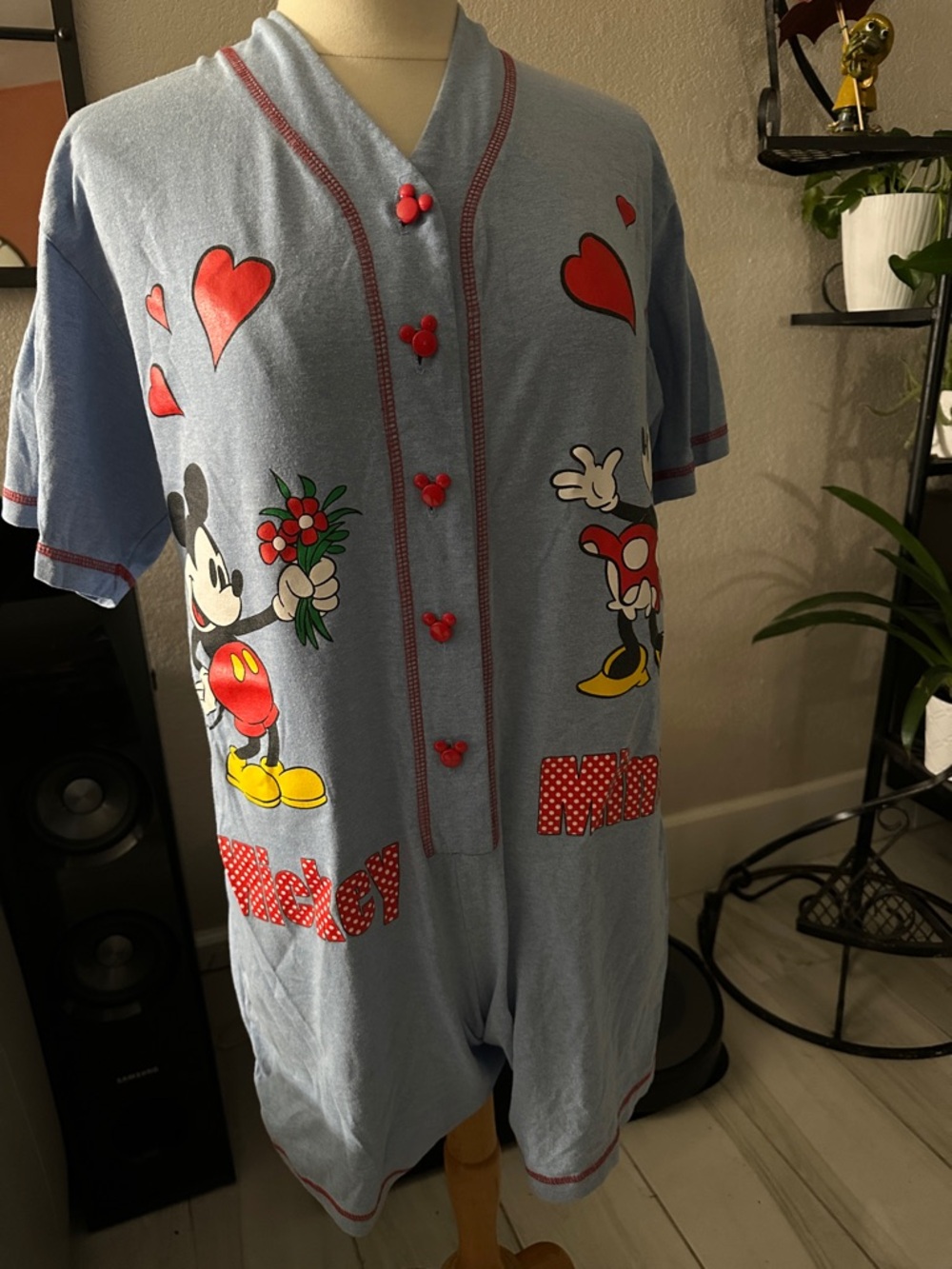 Disney Light Blue romper with Classic Mickey and Minnie and Red Accents